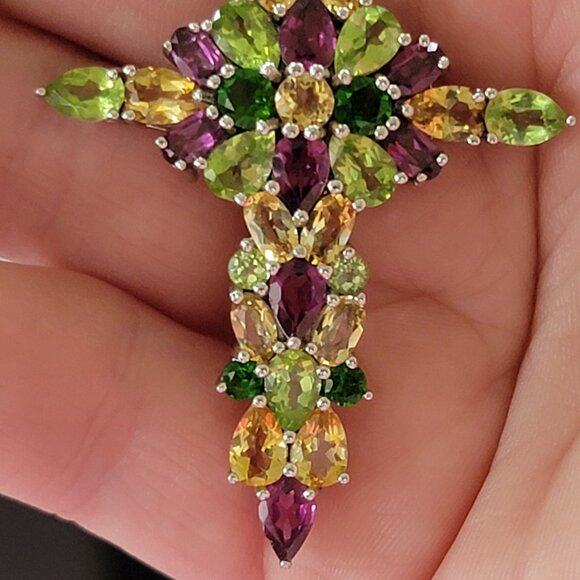 Multi-Gemstone Cross on 18 inch Silver Chain - Picture 3 of 7